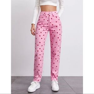 High Waisted Heart Print Straight Jeans
